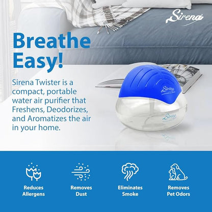 Sirena Twister Air Purifier (Blue) - Water Filter Air Washer For Home and Office - Essential Oil Aroma Diffuser With LED Night light - Small Air Cleaner For Smoke and Pets