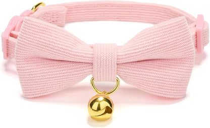 Cotton Breakaway Kitten Collar with Bow Tie and Bell Adjustable Cute Soft Corduroy Cat Collars for Small Female Cats(Pink,XS)