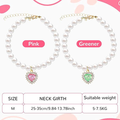 2PCS Kitten Collars Pearl Cat Dog Collar with Small Heart Shape Rhinestone, Cat Collars for Girl Cats, Adjustable Dog Pearl Necklace Collar for Small Dogs and Cats, Pink + Green