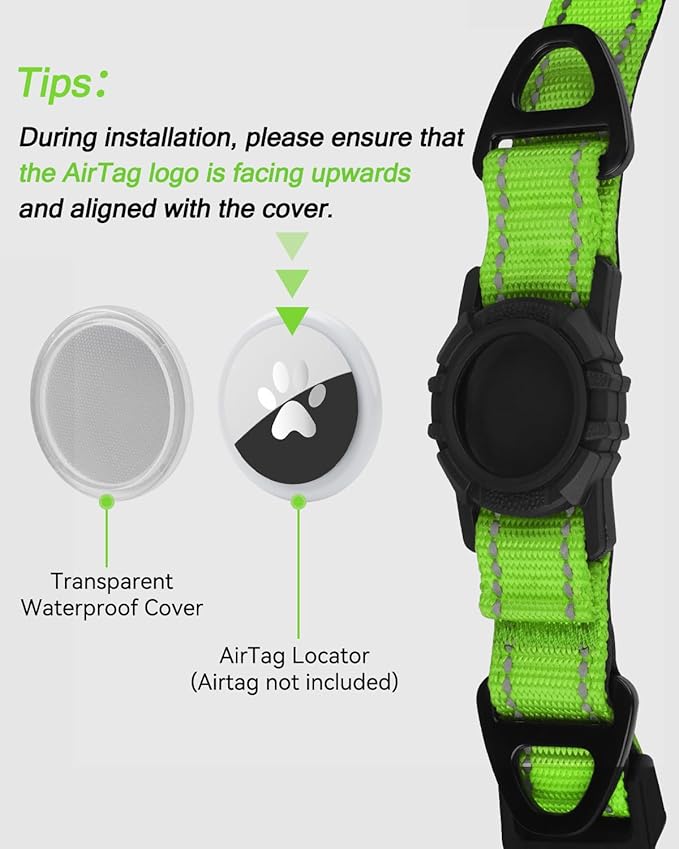 Joytale Airtag Dog Collar, Reflective Pet Collar with Waterproof AirTag Holder, Dual D-Rings, Soft Padded Adjustable for Extra Large Dogs, Green, XL