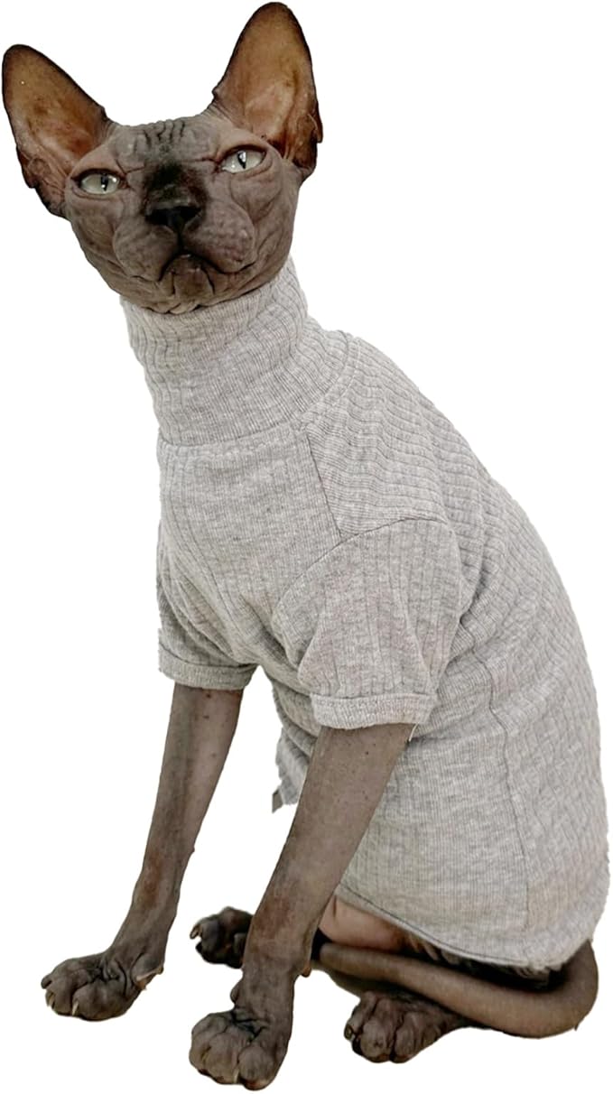 Sphynx Hairless Cats Shirt Cotton Cat Turtleneck Sweater Pullover Kitten T-Shirts with Sleeves Cat Pajamas Jumpsuit for Sphynx Cornish Rex, Devon Rex, Peterbald (Medium (Pack of 1), Light Grey)