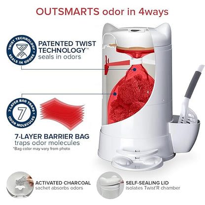 Red Rocket XL Cat Litter Trash Can Multi Kitty Twist’R Step Litter Disposal System Pack, 12x Refills Bags and 6X Charcoal Sachets, No Smell Litter Storage Container, Litter Disposal System