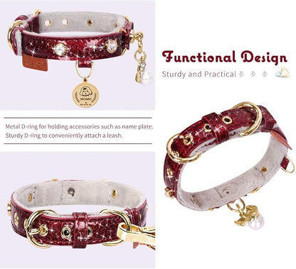 PetsHome Cat Collar, Dog Collar, [Bling Rhinestones] PU Leather Adjustable Pet Collar with Luxury Pendant for Cat and Small Dog Extra Small Wine Red
