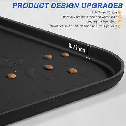 Silicone Pet Feeding Mat with Raised Edge for Food and Water, Dog Bowl Mats, Cat Bowls Placemat with High Lip for Floor Waterproof, Rubber Tray for Cats and Dogs 19 x 12 x0.7 Black