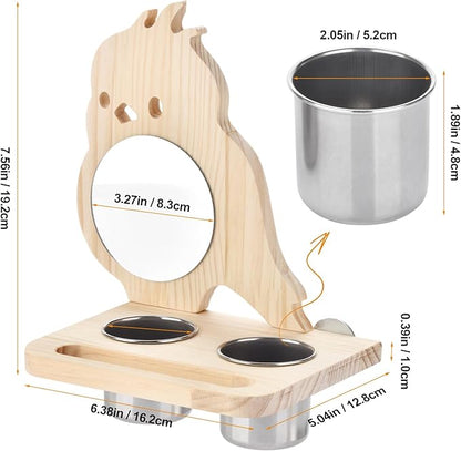 Feeder with Acrylic Mirror & Stainless Steel Bowls, Natural Wood Perch, Cage Accessories, Parakeet Cage Supplies, Tool-Free Adjustable Kit for Parakeet, Cockatiel & Lovebird