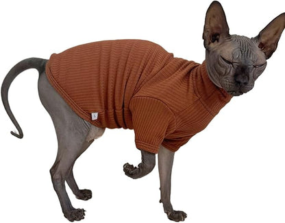 Sphynx Hairless Cats Shirt Cotton Cat Turtleneck Sweater Pullover Kitten T-Shirts with Sleeves Cat Pajamas Jumpsuit for Sphynx Cornish Rex, Devon Rex, Peterbald (Coffee, X-Large (Pack of 1))