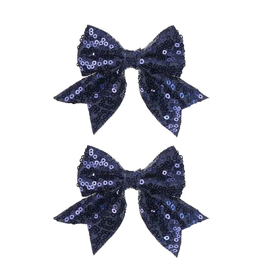3-inch Sequined Bow Hair Clips For Baby Girls, Toddler, Kids and Young Women Birthday Party Wedding Christmas Occasions Pet Accessories Set of 2 (Navy)
