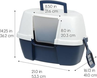 IRIS USA Corner Cat Litter Box Enclosure with Scoop, Small Cat Litter Box with Lid, Corner Litter Box Enclosure for Kittens to Medium Sized Cats, Odor Defensive Hooded Litter Tray, Navy/White