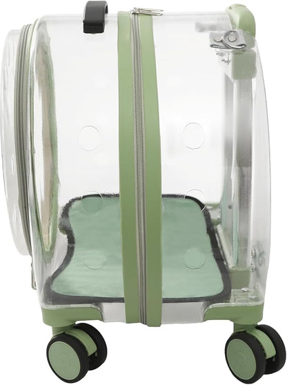 Transparent & Fully Breathable Hard Cat Carrier with Rolling Wheels, Multiple Carrying Carrier for Cats, Dogs, Or Bunnies for Traveling, Taking a Walk, Applicable Weighing up to 19.84lbs (Green,Clear)