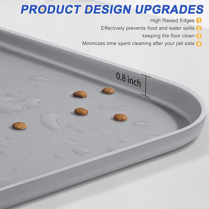 Silicone Pet Feeding Mat with Raised Edge for Food and Water, Dog Bowl Mats, Cat Bowls Placemat with High Lip for Floor Waterproof, Rubber Tray for Cats and Dogs 22 x 14 x0.8 Light Gray