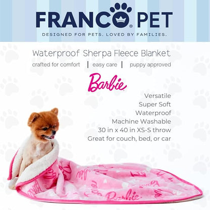 Franco Pet Barbie Super Soft Cozy Waterproof Sherpa-Backed Blanket Throw for Small Dogs, Couch/Bed/Car, 30x40 (Officially Licensed Product)