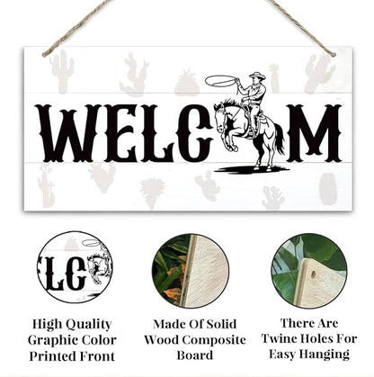 Welcome Sign for Front Door, Welcome Decor Wooden Hanging Sign for Wall Decor, West CowBoy Pattern Hanging Signs, Funny Wooden Outdoor Front Door Decoration 13.8X6.9 inches
