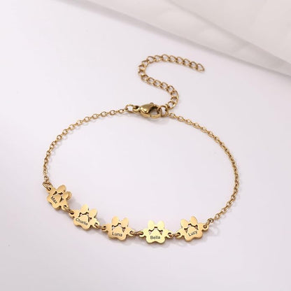 MeMeDIY Personalized Paw Print Bracelet for Women Engraved 1-5 Names Dog Cat Pet Paw Bracelet Adjustable Chain Dog Jewelry Memorial Gifts for Pet Lovers