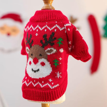 Christmas Dog Outfit Red Puppy Sweater for Small Dogs Girl Boy Elk Snowflake Cat Knitwear Reindeer Knitted Pet Clothes Santa Deer Costume for Chihuahua Yorkie Poodle (Red-2, X-Small)