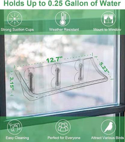 Clear Window Mounted Bird Feeder Bath with Strong Suction Cups for Outside, Transparent Glass Birdfeeder Birdbath for Cats, Kids, Elderly Viewing, 1 Pack