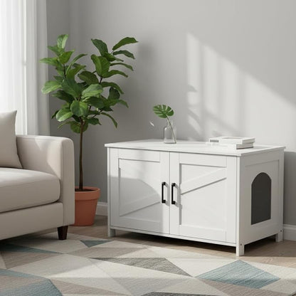Homhedy Cat Litter Box Enclosure, Wooden Cat Washroom Furniture with Barn Door, Pet House, Fit Most of Litter Box, White