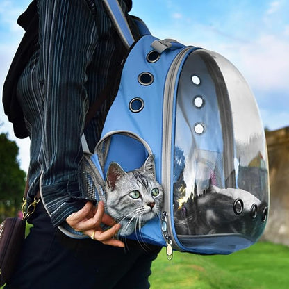Cat Backpack Carrier Back Expandable Bubble Pet Carrier Backpack for Large Cat, Kitten and Dog, Designed for Hiking, Travelling and Outdoor Use (Back Expandable-Blue)
