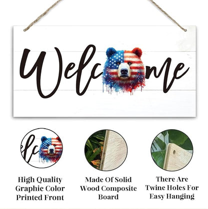 Welcome Sign for Front Door, Welcome Decor Wooden Hanging Sign for Wall Decor, American Bear Pattern Hanging Signs, Funny Wooden Outdoor Front Door Decoration 13.8X6.9 inches