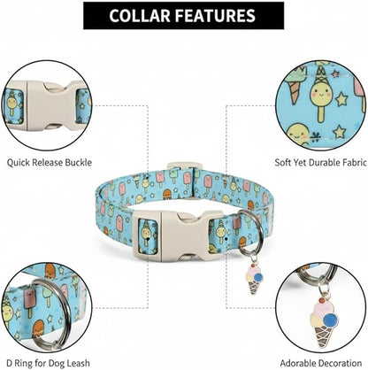 Blue Dog Collar for Large Dogs, Boy Girl Dog Collar with Ice Cream Pattern for Spring Summer, Breathable Adjustable Large Collars for Male Female Dogs, L