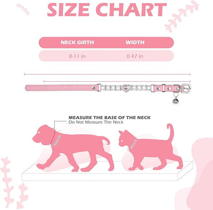 EXPAWLORER Cat Collar Leather with Bell and Safety Elastic Belt,Personalized Rhinestones Bling Adjustable Collars for Cats Kitty and Small Dogs,Pearl cat Collar Pink (Pearl)