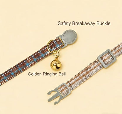 Cotton Bowtie Cat Collar with Bell 2 Pack Plaid Breakaway Kitten Collars with Removeable Bunny Ear Bow(Amber+Beige)