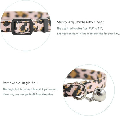 Breakaway Cat Collars with Bell, Set of 3, Durable & Safe Cute Kitten Collars Safety Adjustable Kitty Collar for Cat Puppy 7.5-11in (Leopard)