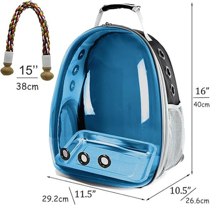 Bird Traval Carrier Cage, Polarized Tinted Blue Space Capsule Astronaut Backpack to Carry Parakeet Cockatiel Parrot with Bird Feeder Metal Tray Wood Perch, Vet Transport Bag