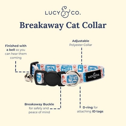 Lucy & Co. Tinned Fish Breakaway Cat Collar with Bell – Designer Print Adjustable Safety Collar for Cats, Kittens & Small Dogs, Lightweight Pet Collar for Boy & Girl Cats – Large