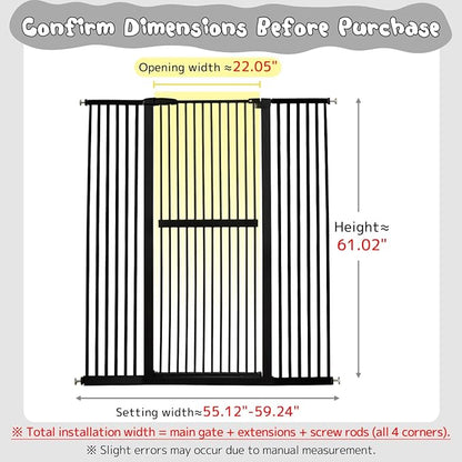 Lumizone Extra Tall Cat Gate 61.02" High Pressure Mounted Extra Wide 55.12"-59.24" (17Sizes) 1.37" Gap No Drilling Auto-Close Tall Pet Gate for Dogs (Black, 55.12"-59.24" W)