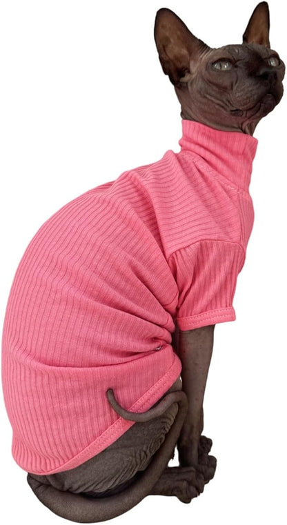 Sphynx Hairless Cats Shirt Cotton Cat Turtleneck Sweater Pullover Kitten T-Shirts with Sleeves Cat Pajamas Jumpsuit for Sphynx (Small (Pack of 1), Rosey Pink)