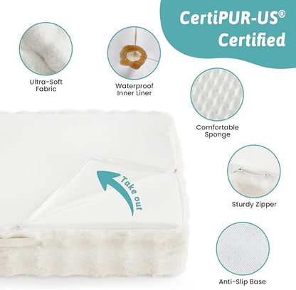 Faux Rabbit Fur Orthopedic Dog Bed, Dog Bed for Large Size, Supportive Foam Pet Sofa with Waterproof Lining Cover, Washable U-Shaped Pet Couch with Anti-Slip Bottom, Beige L 36x27x6.5 inch