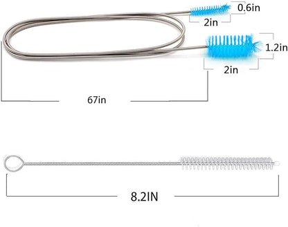 Flexible Drain Brush, Nylon Cleaner Double Ended Elastic Hose Pipe 67-inch and 2 PCS 8.2-inch Straw Cleaning Brush (Blue)