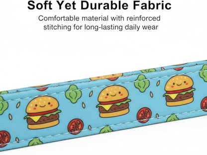 Cute Dog Collar, Blue Dog Collar with Burger Pattern and Cute Charm, Puppy Collar with Quick Release Buckle and Durable Fabric, Suitable for Medium and Large Dogs