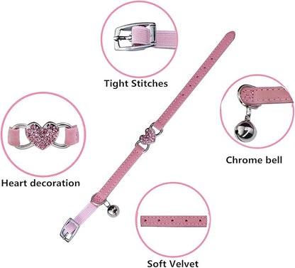 Heart Bling Cat Collar with Safety Belt and Bell Adjustable 8-10 inches for Kitten Cats (Pink)