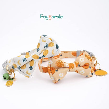 Faygarsle 2 Pack Cute Cat Collar With Bell Breakaway Bowtie for Male Female Cats - Soft Fancy Orange Yellow Pineapple Pattern Summer Collar for Boy Girl Cats
