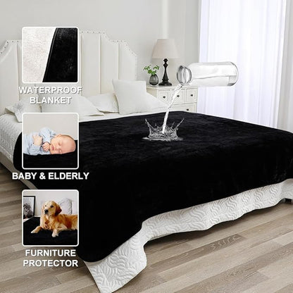Waterproof Blanket for Couples – Ideal for Couch & Bed Splash Proof Sherpa Throw, Leakproof TPU Layer, Stain Resistant Washable Bed Protector – Black, 80"x60"