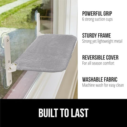 GORILLA GRIP Cat Window Perch, Foldable Cat Window Hammock Bed with 6 Large Suction Cups, Cordless Indoor Wall Shelves, Strong Metal Frame Holds 30lbs, Reversible Washable Sherpa Cover, Medium Gray