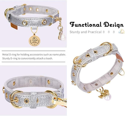 PetsHome Cat Collar, Dog Collar, [Bling Rhinestones] PU Leather Adjustable Pet Collar with Luxury Pendant for Big Cat and Small to Medium Dog Small Silvery