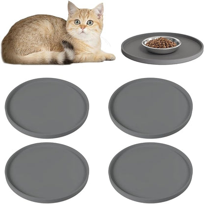 4 PCS Thickened Pet Silicone Food Mat, Nonslip Waterproof Cat Dog Feeding Bowl Mats with Raised Edges for Food and Water Prevent Spills, Round Eating Tray for Floors, Puppy Kitten, 10'' x 10''