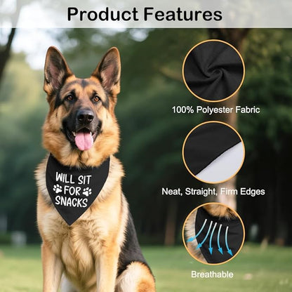 Will Sit for Snacks Black Dog Bandana, Puppy Scarf Accessory Photo Prop for Dogs Lover, Funny Quotes Birthday Puppy Scarf Accessory, Mother's Day Birthday for Dog Mom Dad