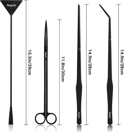 Segarty Longer Aquarium Aquascaping Tools, 4 in 1 Stainless Steel Black Aquarium Tools Kit for Aquatic Plant Fish Tank, Long Scraper Spatula Feeding Tweezers Curved Scissors Anti Rust Aquascape Set