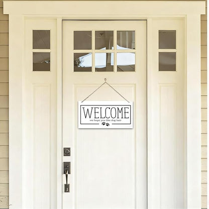 Welcome Sign for Front Door, Welcome Decor Wooden Hanging Sign for Dog Lover, We Hope You Like Dogs Hair, Rustic Funny Wooden Outdoor Front Door Hanging Decoration 13.8X6.9 inches