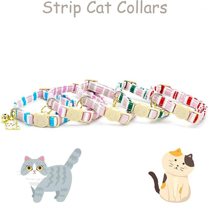 Elegant little tail 2 Pack Cat Collar-Pink Strip Cotton Breakaway Cat Collars with Bell Pendant Kitten Girl Cats Safety Adjustable Collar for Small Cats Puppy