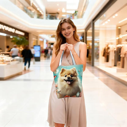 Cute Dog with Butterfly and Floral Design Tote Bag with Zipper Closure Outdoor Great for Carrying Pet Supplies Handbag Nice Birthday Holiday Gift Idea for Dog Owner Animal Lovers Shoulder Bag