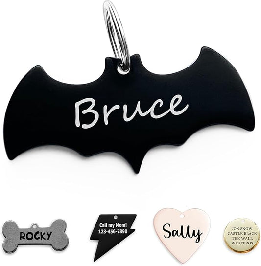 316 Surgical Grade Stainless Steel Personalized Dog & Cat ID Tags - Engraved Name or Text for Pet Collar Accessories, Original Funny Shapes (Bat)