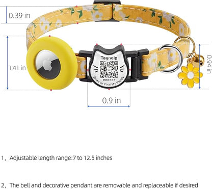 Breakaway Cat Collar with QR Code ID & AirTag Holder, Adjustable Cotton Kitten Collar with Bell, Cute Floral Safety Collar for Indoor & Outdoor Cats Pastoral Style with airtag Holder(Yellow)