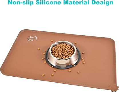 Silicone Waterproof Dog Cat Pet Feeding Mats, Non Slip, Easy Clean Pet Dog Cat Bowl Mats Placemat (24" x 16") Brown