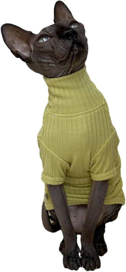 Sphynx Cats Shirt Cat Turtleneck Cotton Sweater Pullover Kitten T-Shirts with Sleeves Cat Pajamas Jumpsuit for Sphynx Cornish Rex, Devon Rex, Peterbald (Large (Pack of 1), Green Yellow)