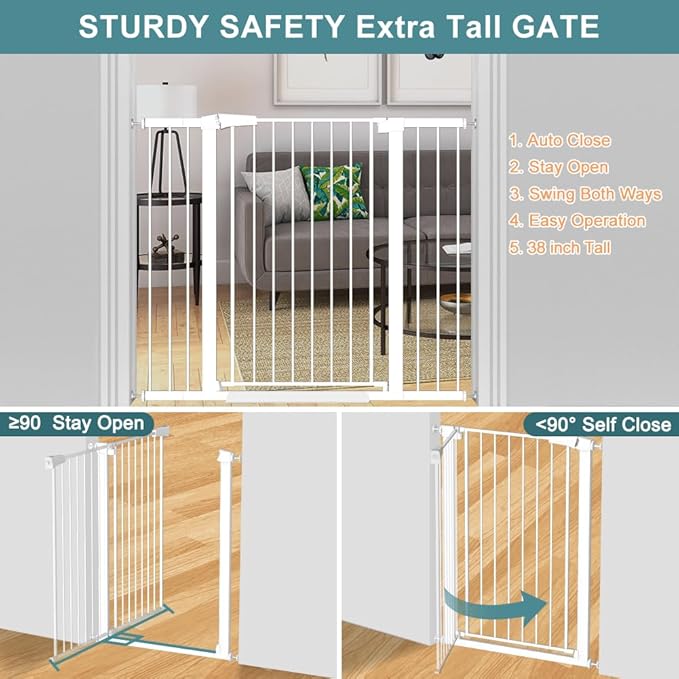 Fairy Baby 38" Extra Tall Baby Gate, 65.4"-70.8" Extra Wide Long Pet Gate for Dogs Cats Puppy, Metal Auto Close Safety Child Gate for Stairs Doorways, Pressure Mounted Gate Fence No Drill, White