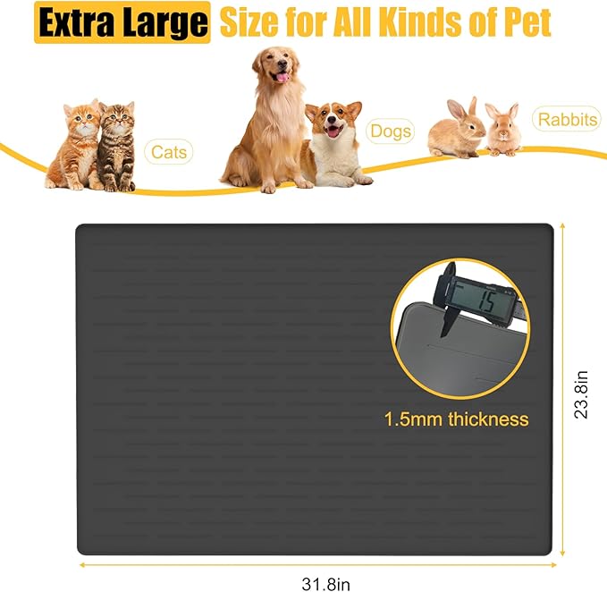 Large Dog Mat for Food and Water, 31.8"x23.8" Silicone Pet Feeding Mats, Waterproof Dog Bowl Mat with High Edges to Prevent Water and Food Spills, Black